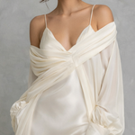 Elegant Women's White Satin And Chiffon Off-the-shoulder Midi Dress With Spaghetti Straps