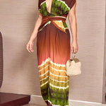 Tie Dye Print Sleeveless V Neck Tie Waist Maxi Dress