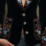 Velvet Blazer With Colorful Floral Embroidery