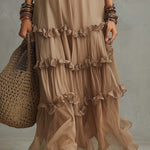 Boho Vintage Taupe Ruffle Tiered Maxi Dress