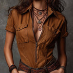 Classic Caramel Zip-Front Utility Short Sleeve Shirt