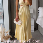 7 Colors Chicest V Neck Cut Out Waist Sleeveless Pleated Maxi Dress
