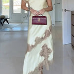 Paris Dream Satin Lace Trim Irregular Design Drape Maxi Dress