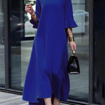 A-Line Flared Sleeves Solid Color Zipper Round-Neck Maxi Dresses