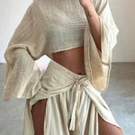Ideal for Holidays Linen Blend Crop Top and Elastic Waist Tie-up Ruffle Pants Set