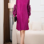 Long Sleeves Loose Embroidered Pleated Solid Color Round-Neck Midi Dresses
