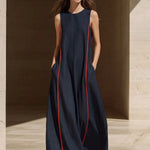 A-line Loose Contrast Color Pockets Split-Joint Round-neck Maxi Dresses