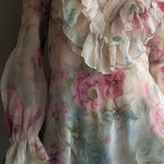Romantic Floral Sheer Chiffon Ruffle Blouse With Lace Neckline