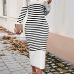 Long Sleeves Loose Contrast Color Striped V-Neck Midi Dresses Sweater Dresses