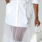 Puff Sleeves Gauze Pleated See-Through Solid Color Split-Joint Tied Waist Lapel Maxi Dresses