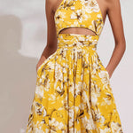 Boho Halter Yellow Botanical Print A-Line Cutout Midi Dress With Pockets