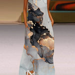 A-Line Loose Contrast Color Pockets Printed Split-Joint V-Neck Maxi Dresses