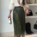 Party Crasher Layered Sequined Tassels High Rise Back Zipper Midi Skirt