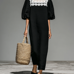 Women's Minimalist Linen Blend Lace Square Neck Short-sleeved Maxi Dress