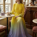 High Waisted Long Sleeves Belted Contrast Color Gradient Pleated Split-Joint Round-Neck Maxi Dresses