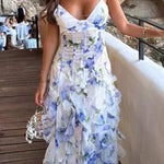 Spaghetti Strap Floral Print Tiered Slit Maxi Dress