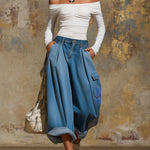 Retro Multi-pocket Wide-leg Cropped Denim Jeans