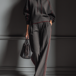 Women's Dark Gray Air Layer Red Contrasting Edge Hooded Sweatshirt And Straight Pants Set
