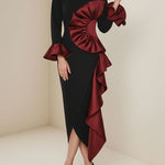 Bodycon Flared Sleeves Asymmetric Contrast Color Ruffled Zipper Stand Collar Midi Dresses