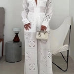 Vivi Embroidered Lace Cutout Long Sleeve Pocket Elastic Waist Loose Shirt Jumpsuit