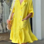 Solid Color Casual Lapel Pocket Ruffle Loose Mini Dress
