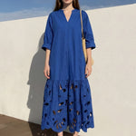 A-Line Long Sleeves Hollow Pleated Solid Color Split-Joint V-Neck Maxi Dresses