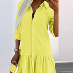 Long Sleeves Loose Buttoned Pleated Solid Color Split-Joint Lapel Mini Dresses Shirt Dress