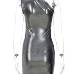 Skinny Asymmetric Shiny Solid Color Split-Joint One-Shoulder Evening Dresses Mini Dresses