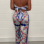 Fashion print suspenders open back tie top + straight pants set