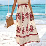 A-Line Loose Elasticity Pleated Printed Split-Joint Square-Neck Maxi Dresses