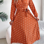 A-Line High Waisted Elasticity Pleated Polka-Dot Split-Joint Tied Waist V-Neck Midi Dresses Shirt Dress