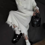 High Waisted Long Sleeves Fringed Solid Color Round-Neck Midi Dresses Sweater Dresses
