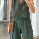 Casual Solid Lapel Vest & Pants Cotton Linen Two-piece Set