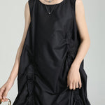 Loose Sleeveless Asymmetric Elasticity Pleated Solid Color Round-Neck Midi Dresses