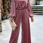 Velvet Long Sleeved Top and Wide Leg Pants Two Piece Set