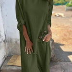 Jamilah Linen Blend Ring Detail Midi Blouse and Elastic Waist Pocketed Loose Pants Set