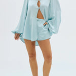 Alexis Satin Cutout Button Balloon Sleeve Shirt and Mid Waist Bow Detail Pocket Shorts Set