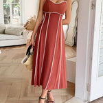 A-Line High Waisted Contrast Color Zipper Spaghetti-Neck Midi Dresses