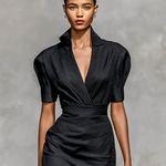 Ladies Solid Color Lapel V-neck Short Sleeve Waist Midi Dress