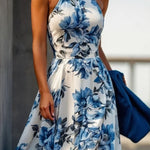 A-Line High Waisted Contrast Color Flower Print Pleated Halter-Neck Maxi Dresses