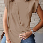 Loose Sleeveless Asymmetric Pleated Solid Color Split-Joint Mock Neck T-Shirts Tops