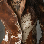 Vintage Stand Collar Suede Cow Print Slim Jacket