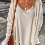 White Waffle Knit Exposed Seam Round Neck Oversized Top