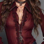 Retro Leopard Print Chiffon Fitted Blouse With Lace Trim