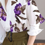 Long Sleeves Loose Flower Print Stand Collar Blouses&Shirts Tops