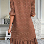 A-Line Flared Sleeves Elasticity Jacquard Pleated Solid Color Split-Joint V-Neck Mini Dresses