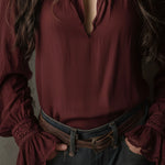 Boho V-Neck Deep Wine Red Blouse With Lace Cuffs