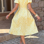 High Waisted Puff Sleeves Jacquard Pleated Solid Color Split-Joint Square-Neck Midi Dresses