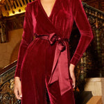 Love One Another Velvet Bow Belted Pocket Cutout Back Loose Jumpsuit