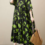 Loose Floral Pleated Round-Neck Midi Dresses